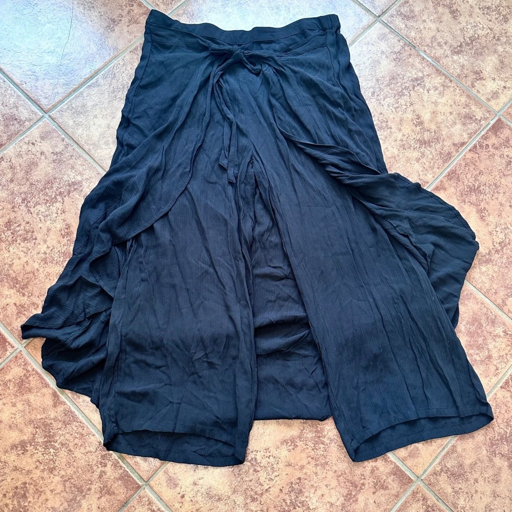Fall Transitional Crinkle Wrap Maxi Skirt Culotte Pants Combo Womens L Black